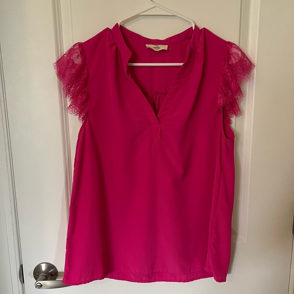 entro Tops - Hot Pink Entro Blouse with Lace Sleeves